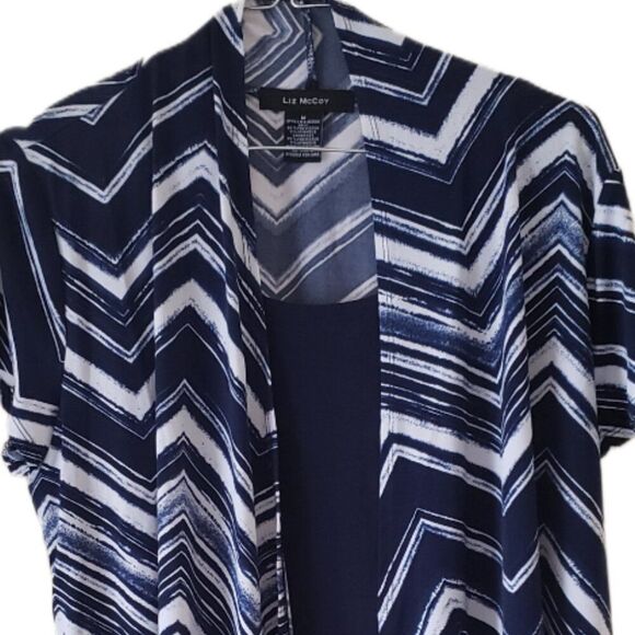 Liz McCoy Blue and White Short Sleeve Blouse with Attached Tank - Picture 2 of 4